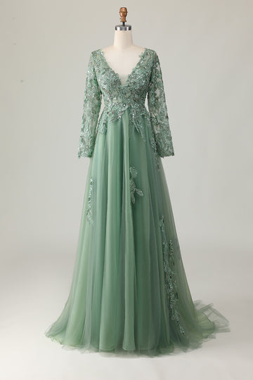 Sage A Line Long Sleeve Prom Dress with Appliques